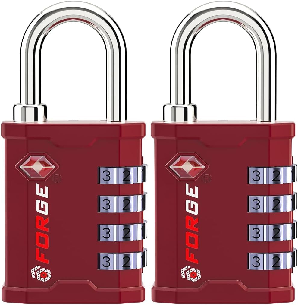 FORGE 4 Digit TSA Approved Combination Lock, Tool Box and Case Lock, Combination Padlock for Travel, Gym, Home. RED 2 Locks.