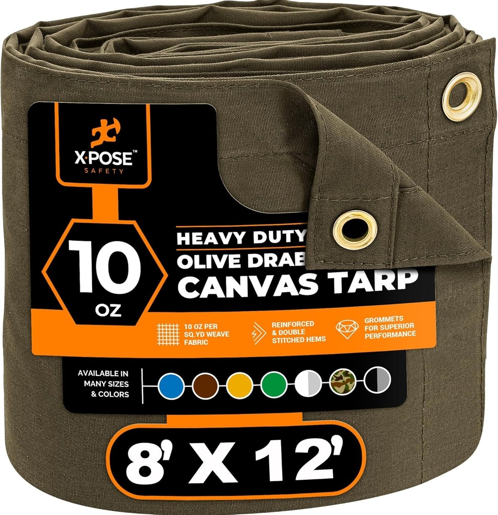 Xpose Safety Canvas Tarp - 10Oz Olive Drab Canvas Tarps Heavy Duty Water Resistant with Brass Grommets- Multipurpose Outdoor Tarpaulin for Camping, Canopy, Trailer, Equipment Cover 8' X 12'