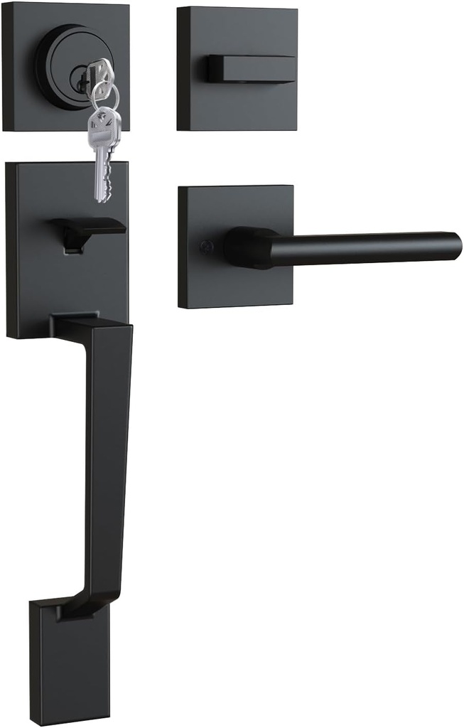 Ohuhu Front Door Lock Set, Heavy Duty Upgraded Front Door Handle Black Locksets with Deadbolt - Entry Exterior Door Handle Sets Single Cylinder Reversible Lever Matte Finish Zinc Alloy Modern Style