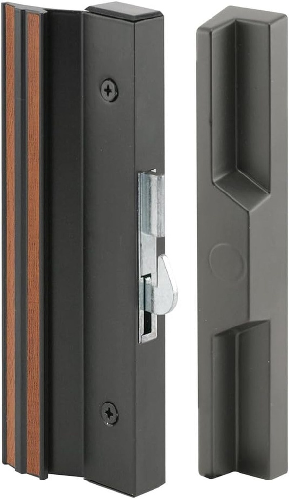 Prime-Line C 1125 Sliding Patio Door Handle Set, 4-15/16 In., Extruded Aluminum, Hook Latch, Black W/Wood Grain (Single Pack)