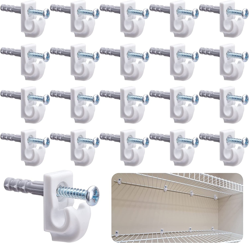 Sfcddtlg 25 Pcs White down Wall Clips- Wire Shelf Brackets Loop Clips- Closet Maid Support Brackets- Plastic Closet Shelves Clips Screws and Expansion Tubes for Wire Shelving