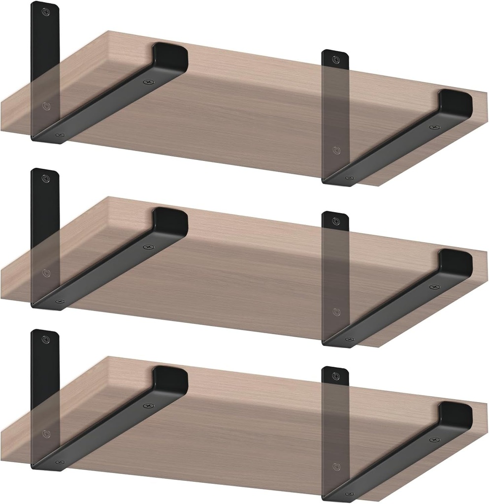 6 Pack - 11.25"L X 6"H X 1.5"W J Lip Shelf Brackets Rustic Farmhouse Iron Wall Floating Shelf Bracket Metal Shelf Bracket Industrial Shelf Supports with Screws Black