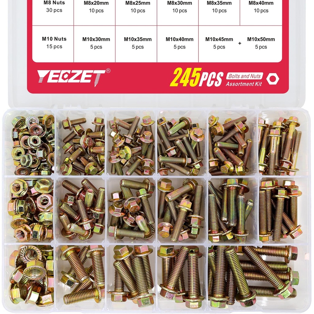 YEEZET 245PCS Grade 8.8 M6 M8 M10 Heavy Duty Flanged Bolts and Nuts Kit, Metric Flanged Hex Screws Nuts Includes 15 Most Common Sizes
