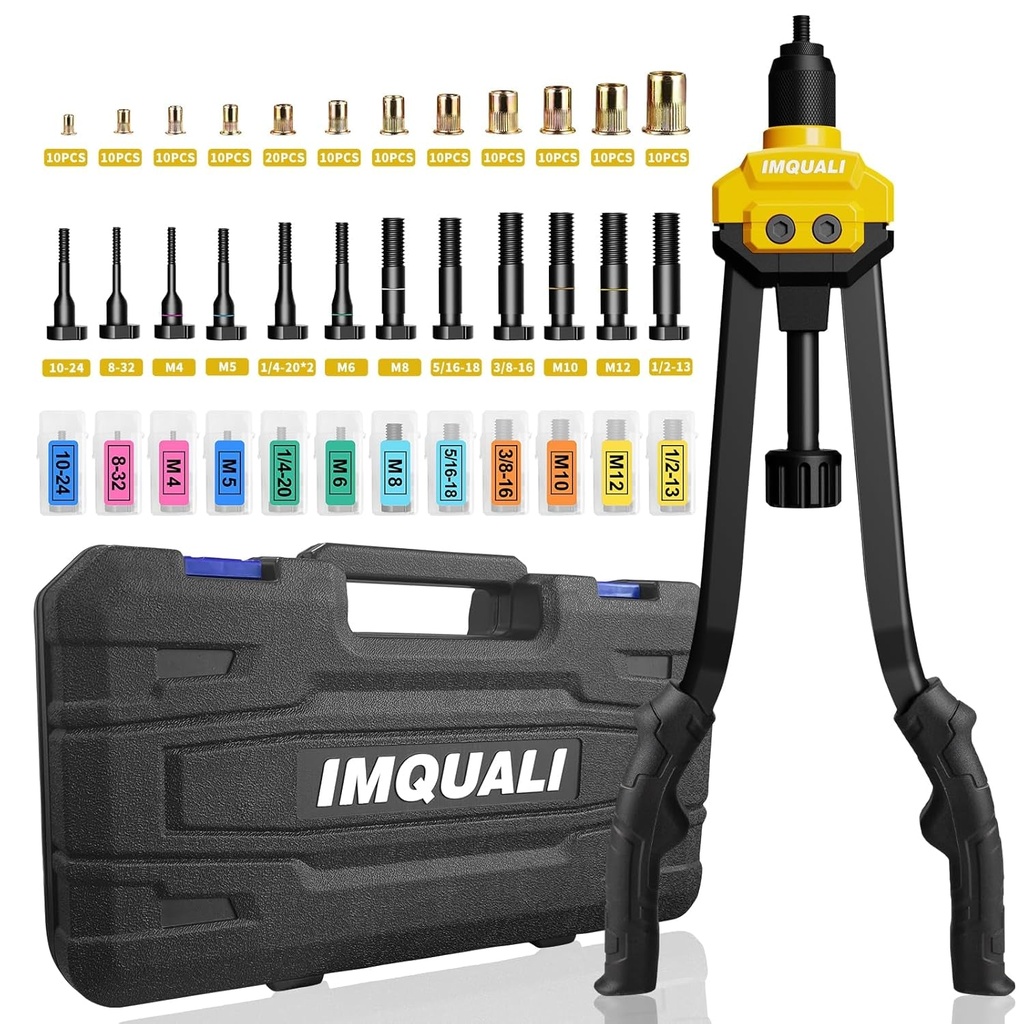 Rivet Nut Tool Rivet Nut Kit, 16" Rivnut Tool Kit with 13 Metric & SAE Mandrels Rivet Nut Assortment Kit with 130 Rivet Nuts, Hand Riveters Nutsert Tool Kit with Durable Blow Molded Case