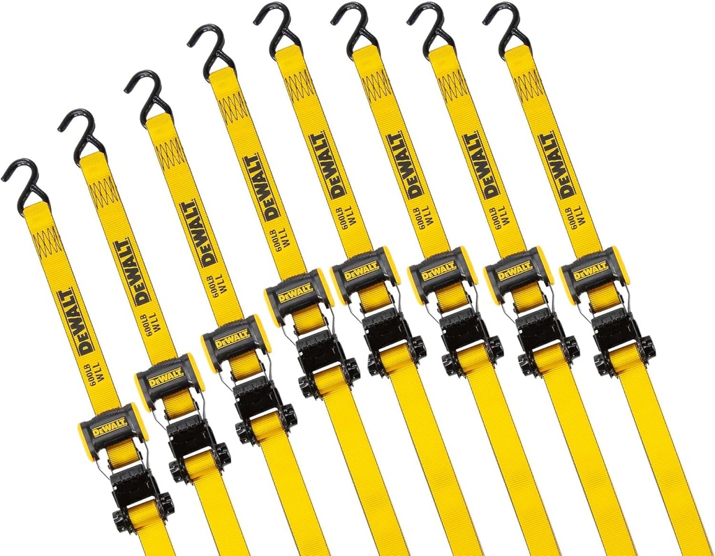 DEWALT DXBC18002-8PK Black/Yellow 1.25" X 12' Ratchet Tie down Straps - Light-Weight Cargo Hauling (1800 Lb Break Strength), 8 Pack