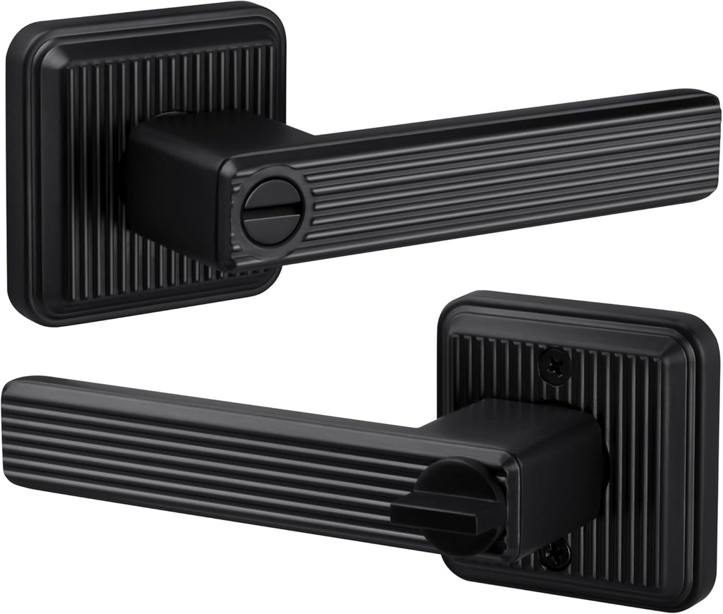 Square Stripes Style Keyless Door Handle with Privacy Locking, Heavy Duty without Keys Door Lever Interior in Matte Black Reversible for Right & Left Sided Bedroom/Bathroom Door