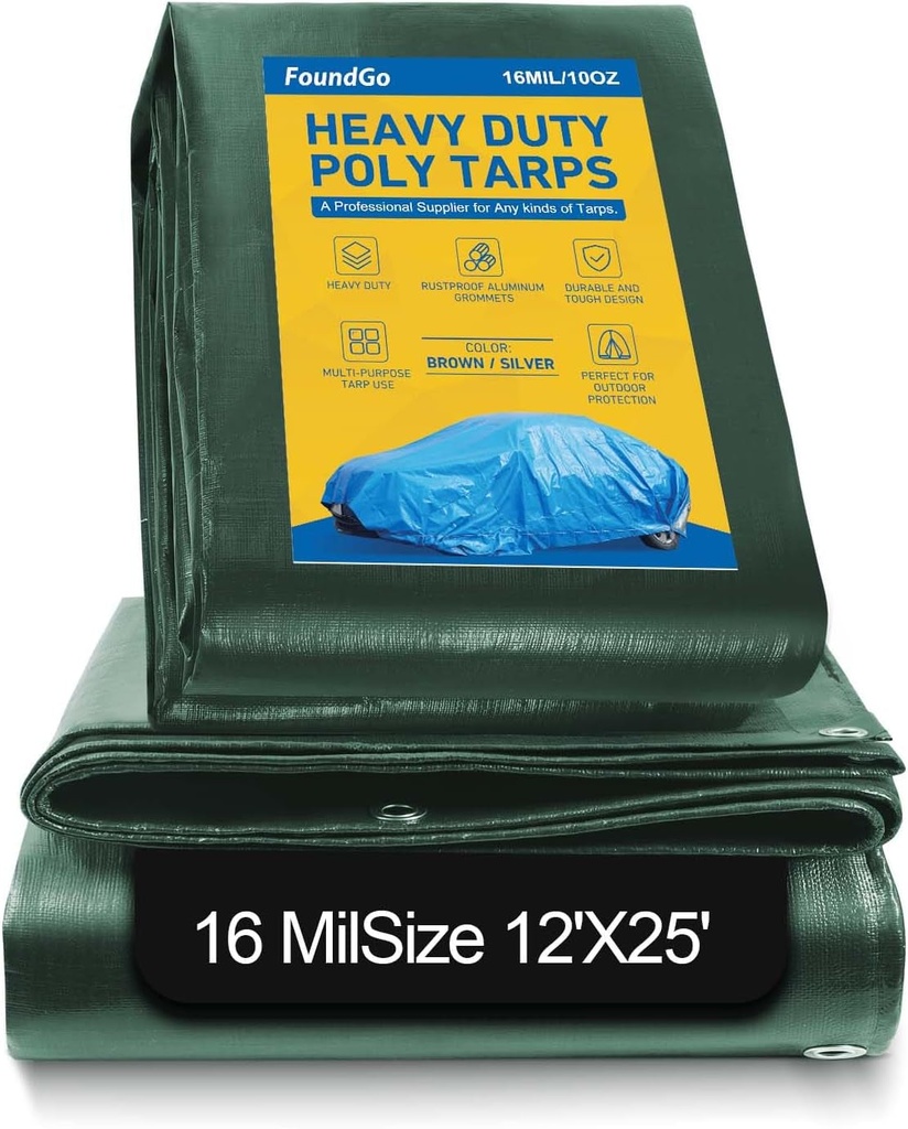 Foundgo Heavy Duty Tarps 16Mil, Super Thick Tarp Cover Waterproof Poly Tarpaulin with Grommets UV Resistant for Canopy, Roof Tent, Boat, Patio, RV, Pool or Camping（Green, 12′X 25′）