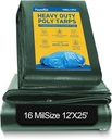 Foundgo Heavy Duty Tarps 16Mil, Super Thick Tarp Cover Waterproof Poly Tarpaulin with Grommets UV Resistant for Canopy, Roof Tent, Boat, Patio, RV, Pool or Camping（Green, 12′X 25′）