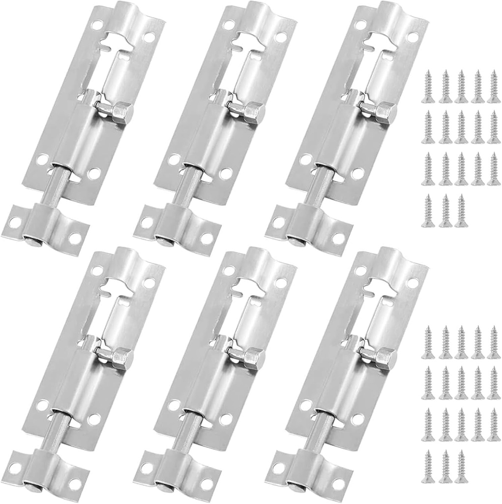 6 Packs Barrel Bolt Latch, 3" Length and 1" Wide Slide Latch Lock, Stainless Steel Gate Latch with Mounting Screws