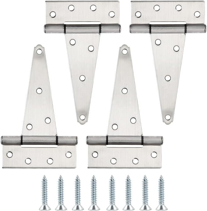 HOME MASTER HARDWARE 6 Inch Stainless Steel Gate Hinges for Wooden Fences Heavy Duty Tee Hinges,Shed Door Hinge,T-Strap Hinge for Outdoor Barns Gate with Screws 4 Pack