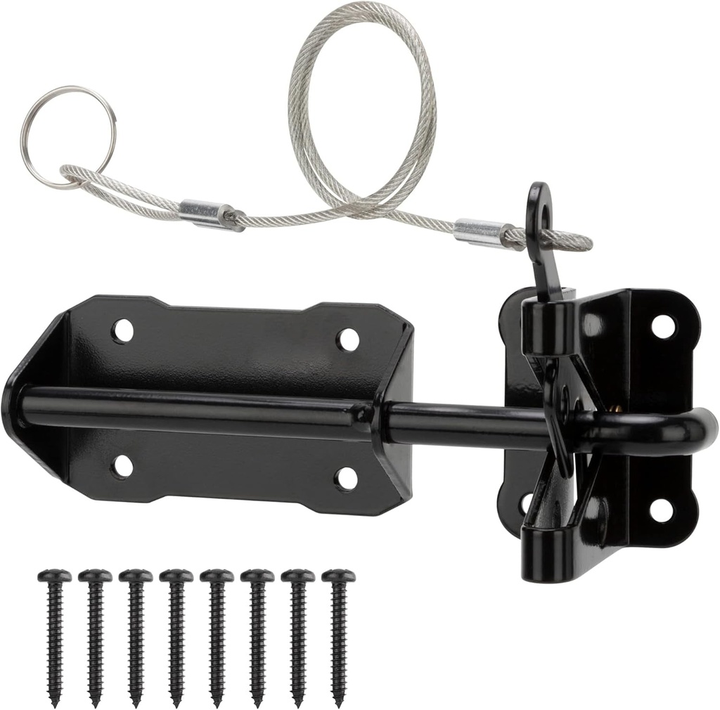 Heavy Duty Automatic Gate Latch for Wooden Fence with Cable Pull, 7.5" Self Locking Gravity Gate Door Latches Security Latch for Outdoor Garden, Pool, Metal Gates, Vinyl Fence, Black Finish