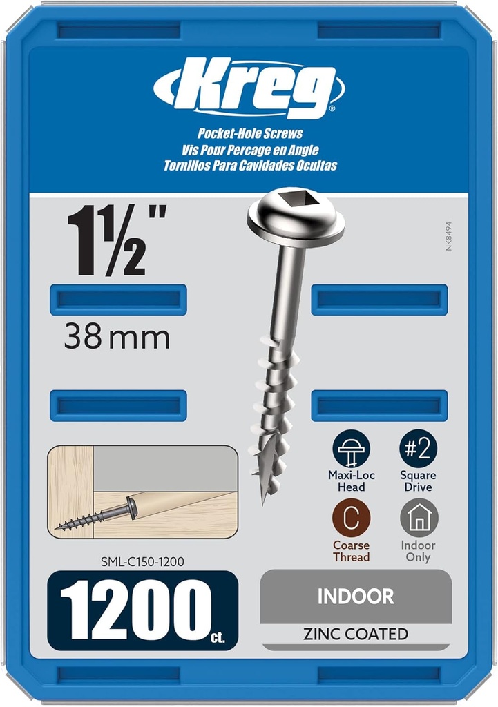 Kreg SML-C150-1200 Zinc Pocket Screws, 1 1/2-Inch, 8 Coarse Thread, Maxi-Loc Head (1200 Count)