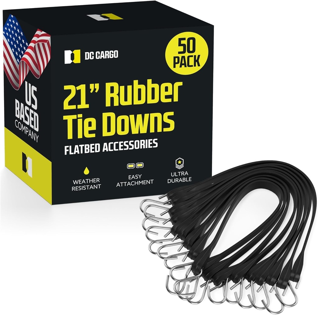 Pack of 50 Tarp Straps for Flatbed Trailers, 21" Long Natural Rubber Bungee Cord Tie-Downs Ideal for Securing Tarps, Canvases, Cargo in Cold Climates | Tie-Downs W/ Metal S-Hooks