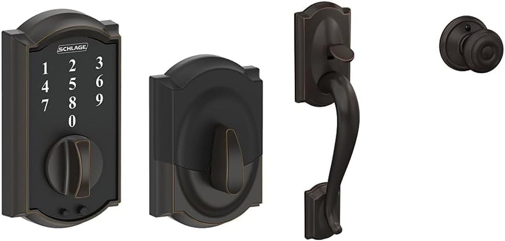 SCHLAGE BE375 CAM 716 Camelot Touch Deadbolt, Aged Bronze and Schlage FE285 CAM 716 GEO Camelot Front Entry Handleset with Georgian Knob, Lower Half Grip, Aged Bronze