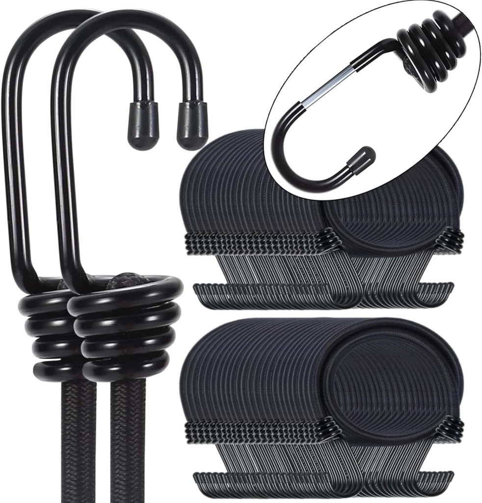 Bungee Cords Heavy Duty Outdoor 2Ft Bungee Straps with Hooks Black Bunji Cord 24 Inch 50Pcs