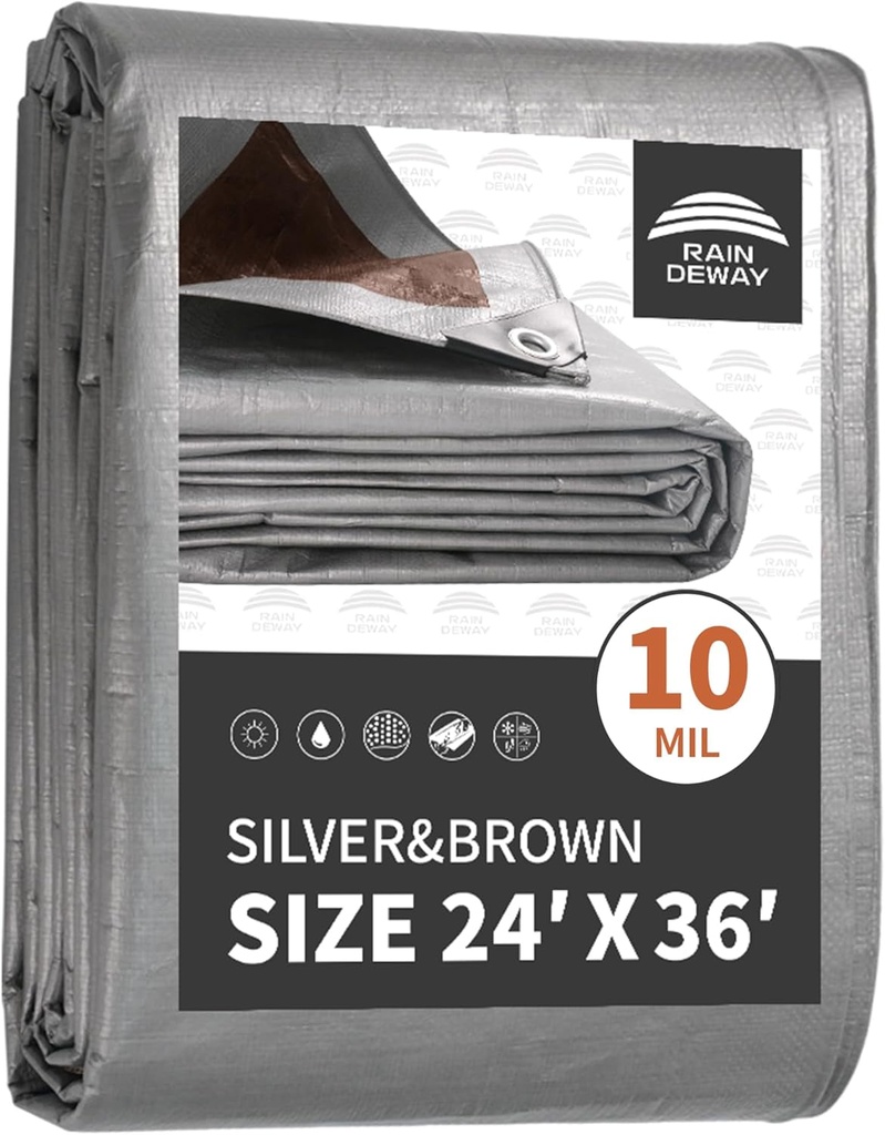 Tarps Heavy Duty Waterproof 24X36 Feet, 10Mil Multipurpose Large Tarp Cover with Metal Grommets and Reinforced Edges, Silver/Brown Tarp by RAINDEWAY