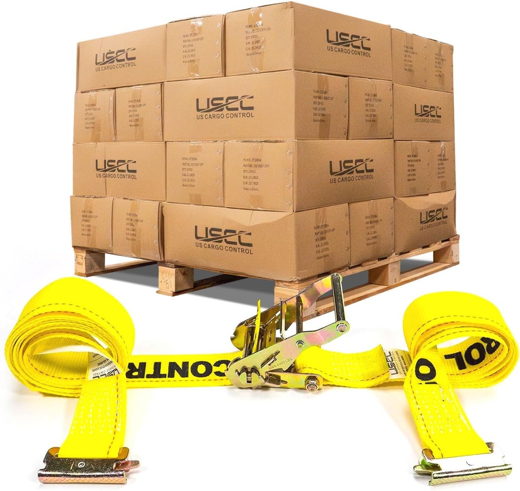 US Cargo Control E-Track Ratchet Straps (960 Pack), 2 Inch X 12 Foot Heavy Duty Yellow Etrack Straps with 4 Foot Fixed End and Spring E-Fittings, 1,467 Lbs. Working Load Limit, Logistic Ratchet Straps
