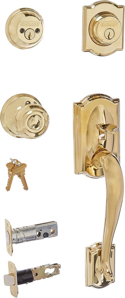 Schlage F62-CAM-GEO Camelot Double Cylinder Handleset with Georgian Interior Kno, Lifetime Polished Brass