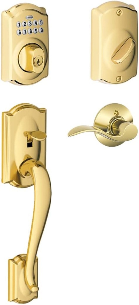Schlage FE365-CAM-ACC-RH Right Handed Camelot Electronic Handleset with Accent L, Lifetime Polished Brass