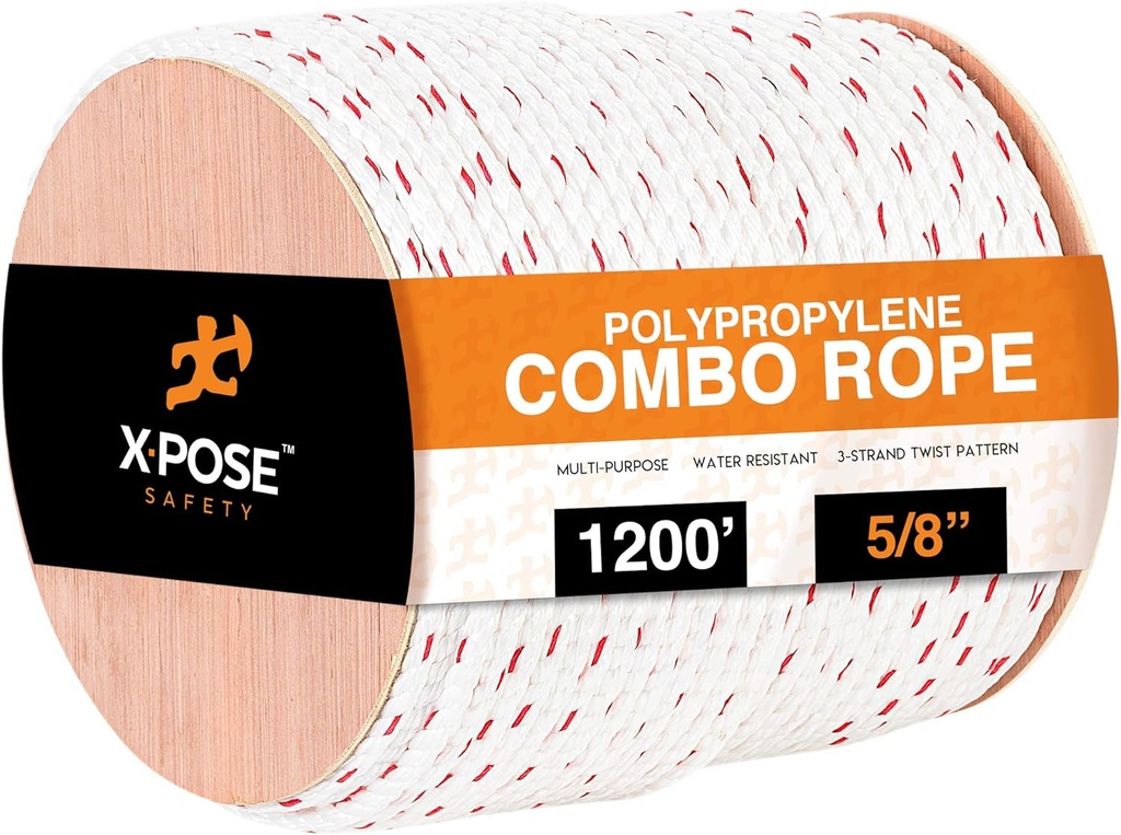 Poly Combo 3 Strand Safety Rope - 5/8" X 1200' - UV Coated Polypropylene Rope - by Xpose Safety