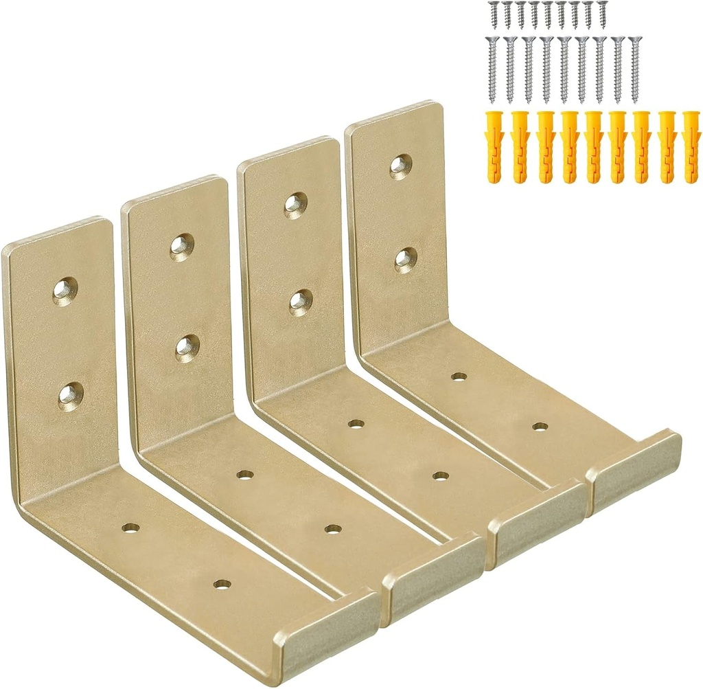 HEART ART Gold Shelf Bracket 6 Inch, J Metal Heavy Duty Shelf Support Brackets 4 Pack，6.3"L×4.8"H×1.2"W