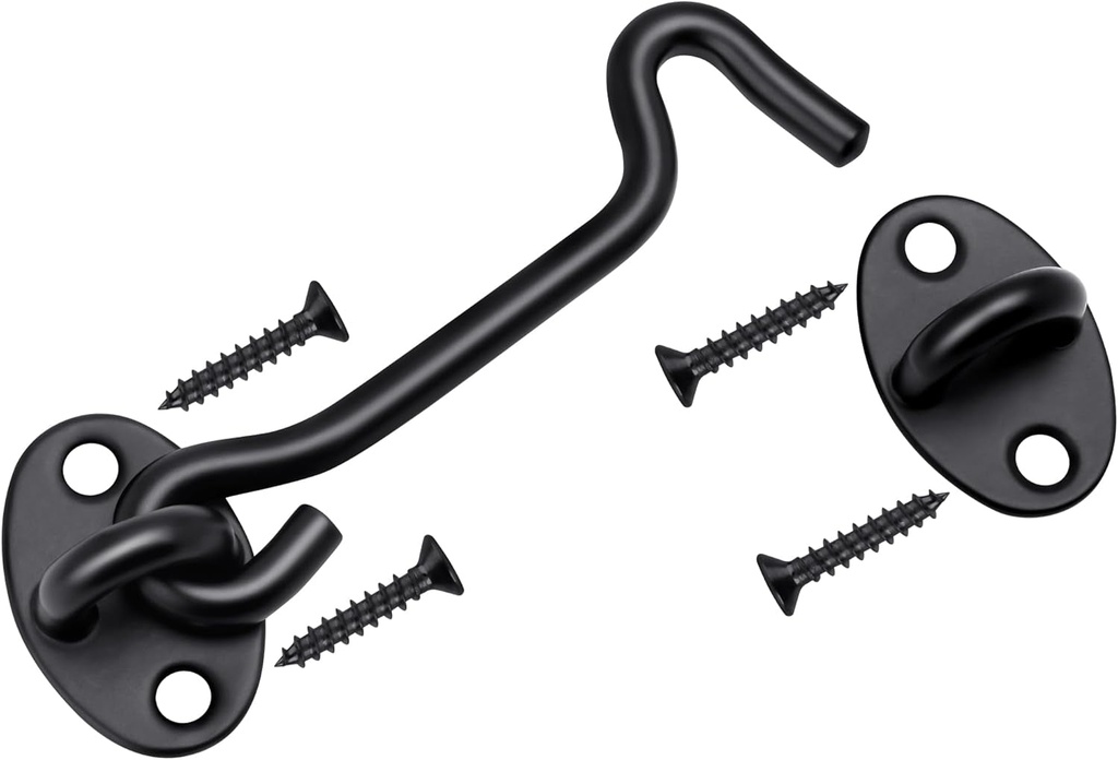 4 Inch Hook and Eye Latch, Black Heavy Duty Privacy Barn Door Lock, Door Hook Latch Lock for Gate, Window, Fence, Cabinet