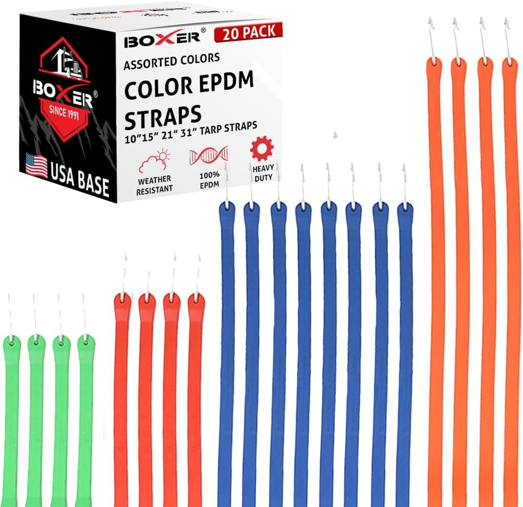 Boxer Assorted Color Rubber Bungee Cords 20 Pack – Heavy Duty 100% EPDM Bungee Straps with S Hooks – Wider & Stronger, Water Proof, UV Stable – Assorted Color Sizes 10” 15” 21” 31”