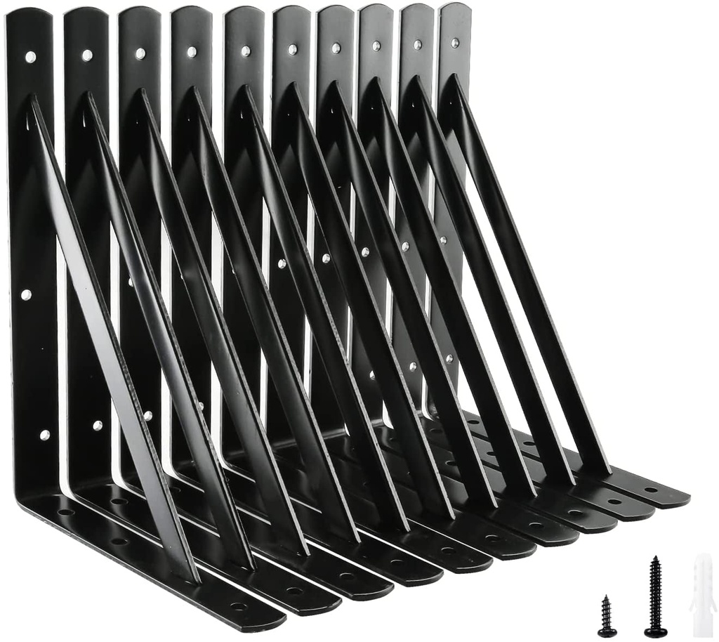 HOME MASTER HARDWARE 12 Inch X 8 Inch Heavy Duty Shelf Brackets, Load Capacity: 600Lb, Black Metal 90 Degree Supports for Shelves 10-Pack, Wall Mounted L Bracket for Floating Shelving with Screws