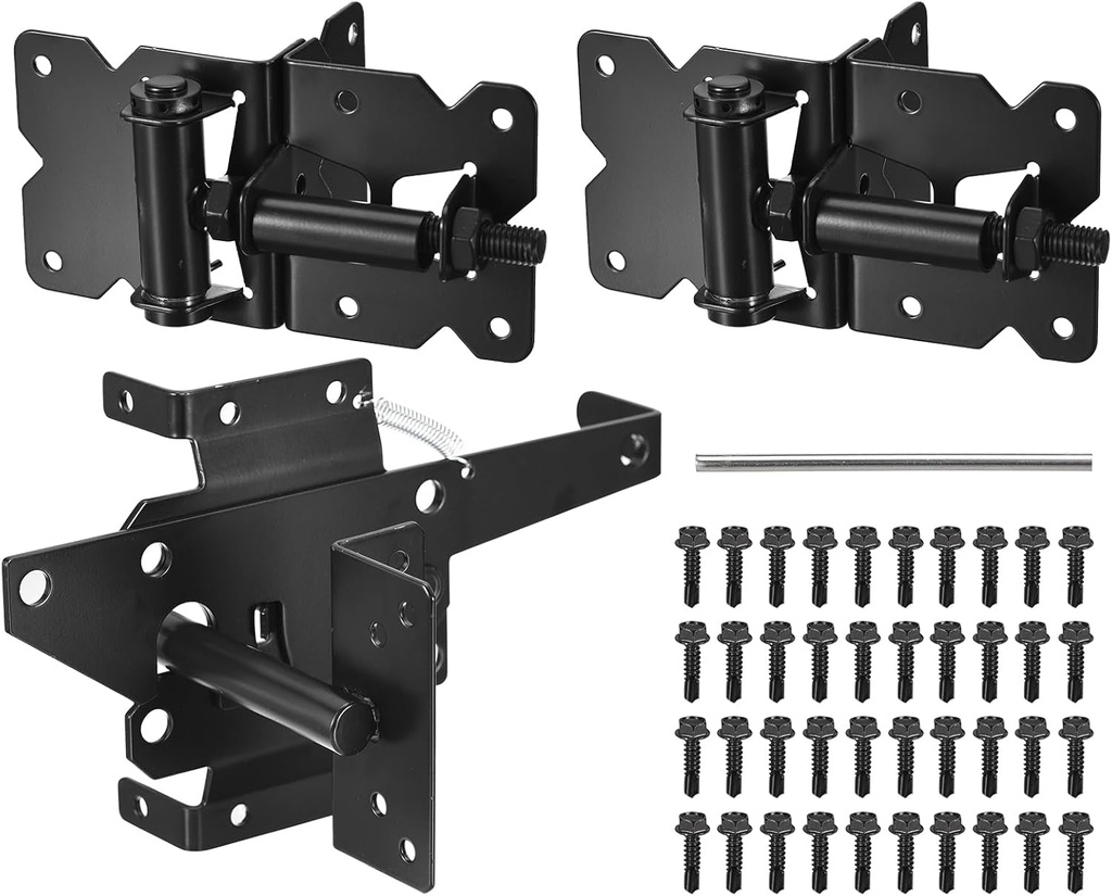 Uxcell 2Pcs Self Closing Gate Hinges and Gate Latch Hardware Kit for Wooden or Vinyl Fence Gate, with Slef-Tapping Screws and Adjuster Tool, Black