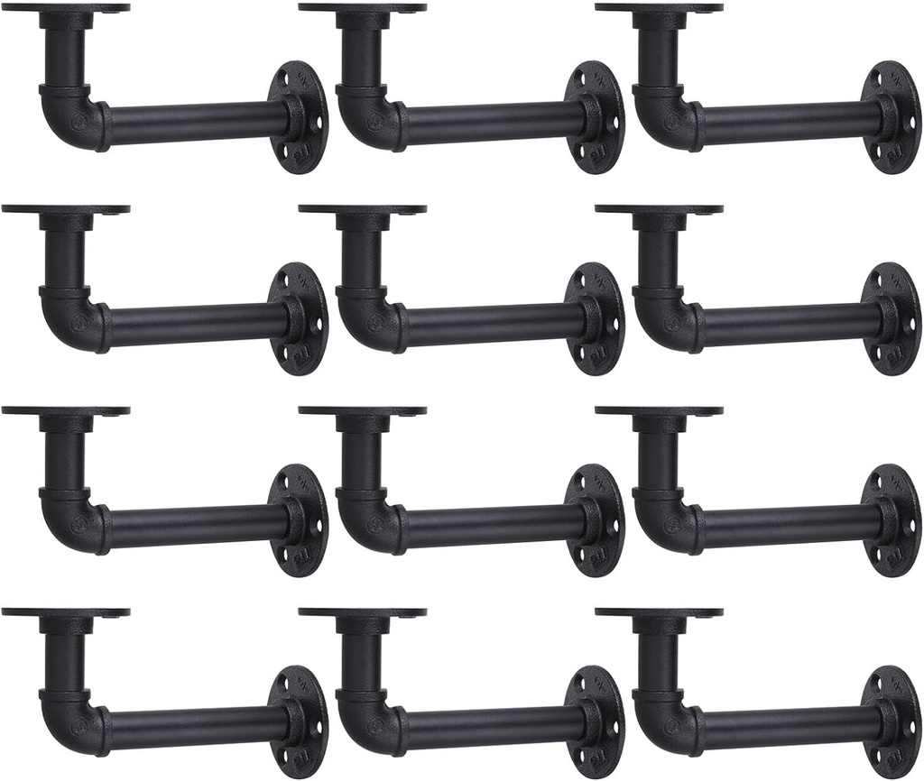 MUZIK Shelf Brackets, 12 Pack Industrial Pipe Floating Shelf Bracket, Heavy Duty Wall Mount Shelf Brackets & Supports, Vintage Black Iron Finish DIY Pipe Brackets for Shelves (7*4 Inch)