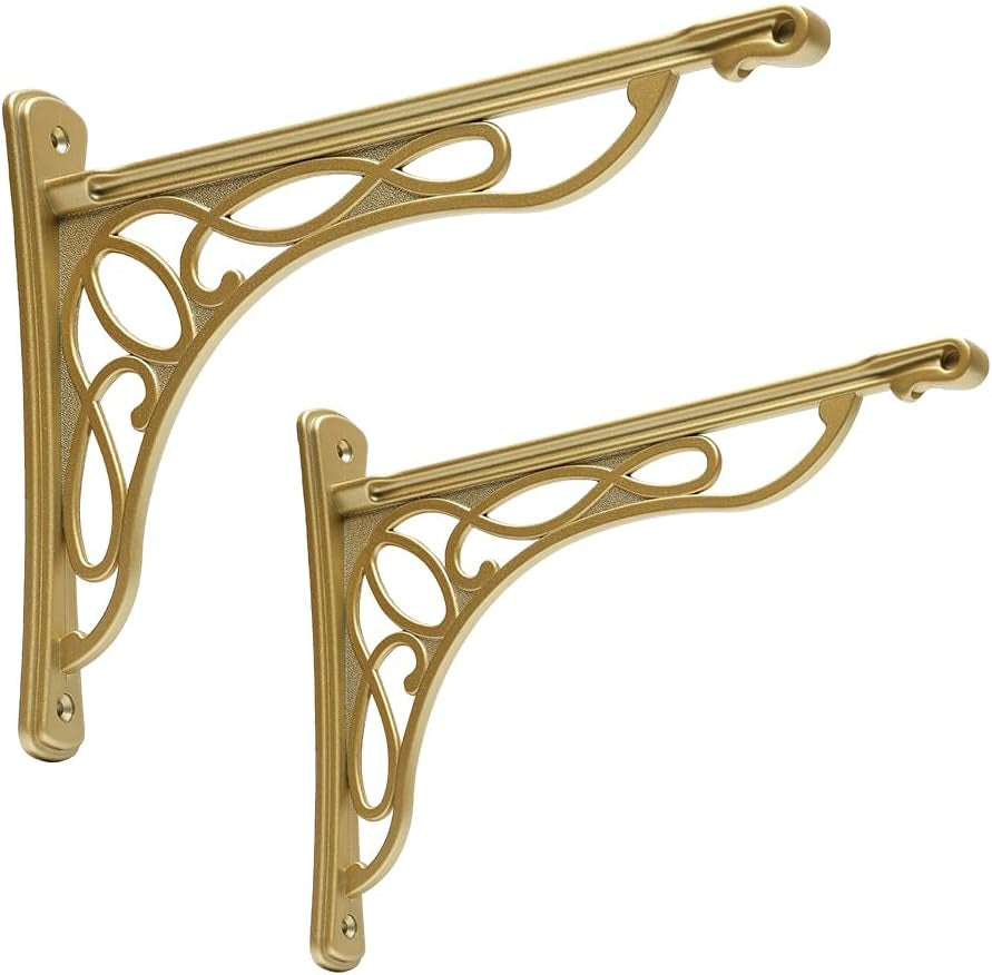 HARPOON Wall Shelf Bracket, Heavy Duty and Hardware Included, 2 Pack, Brushed Gold Finish 9.5" X 7.5" Inch