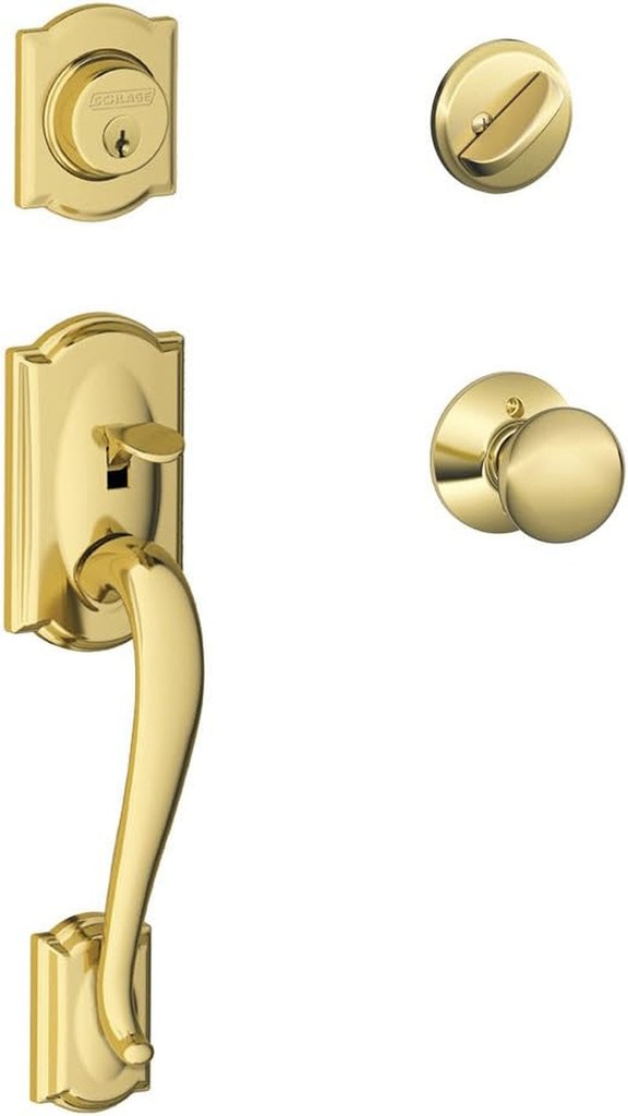 SCHLAGE Camelot Single Cylinder Handleset and Plymouth Knob, Bright Brass (F60 CAM 505 PLY 605)