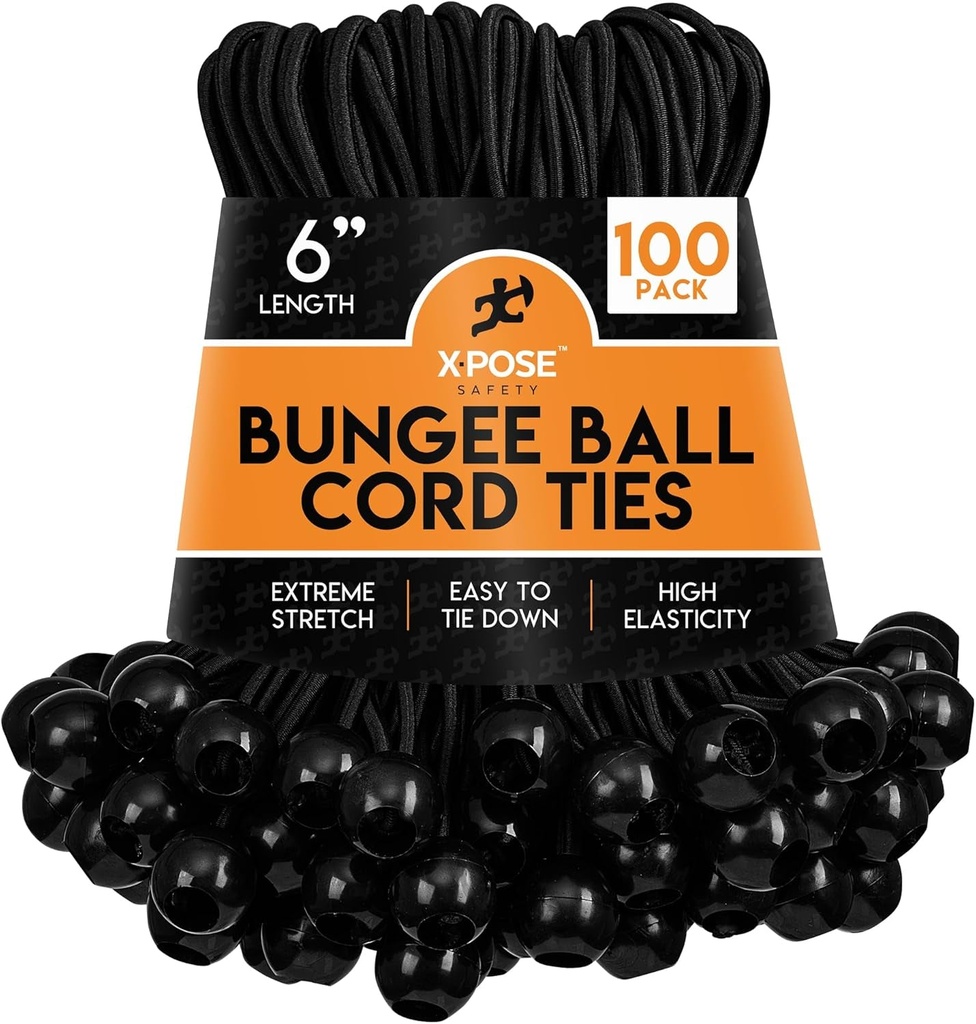 Xpose Safety Bungee Ball Cords 6" 100 Pack Heavy Duty Black Stretch Rope with Ball Ties for Canopies, Tarps, Walls, Cable Organization