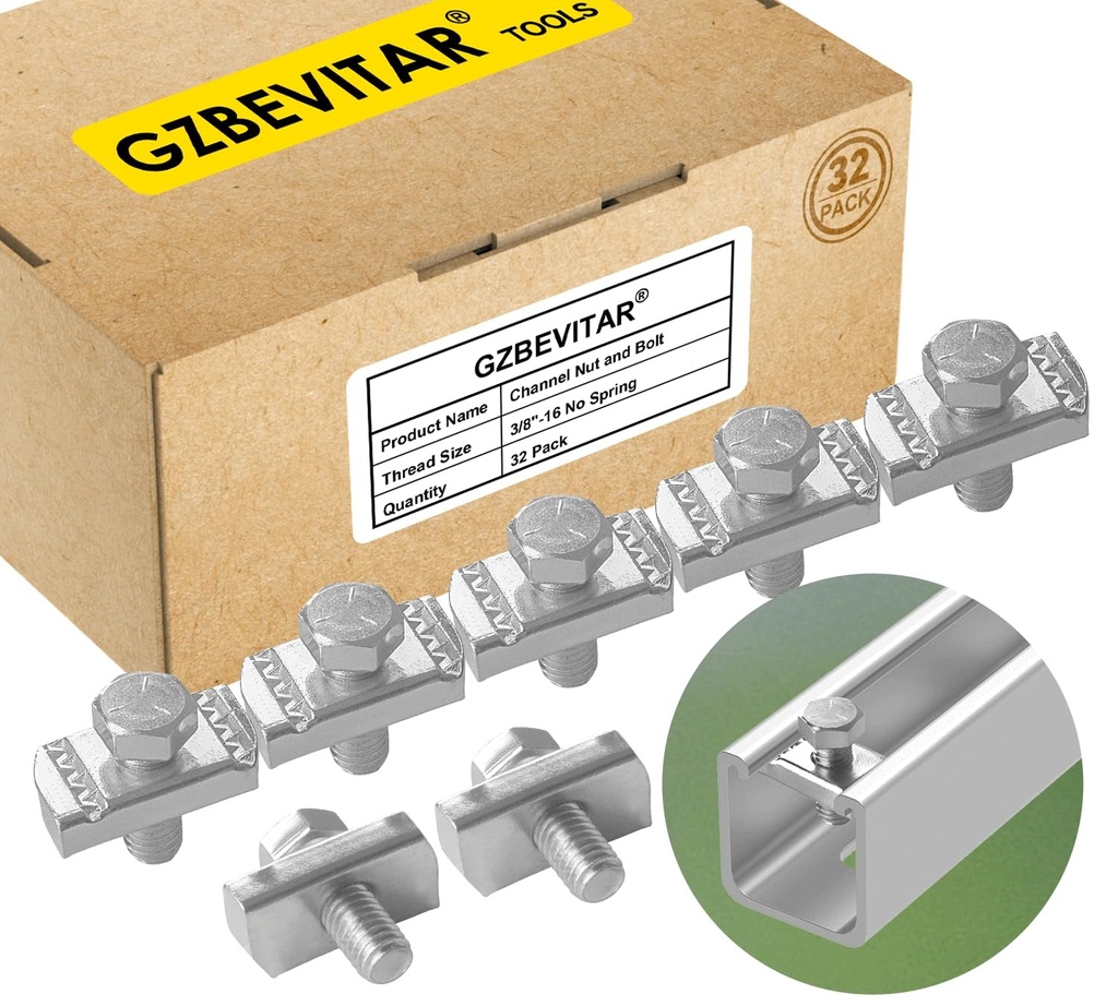Strut Channel Nut and Bolt - 3/8" X 15/16" for 1-5/8" Strut Channel. Strut Nut 3/8"-16 with Thickened Galvanized Plating (32 Pack)