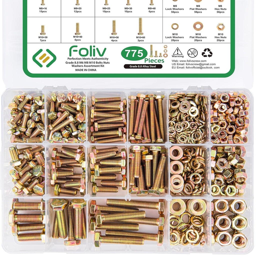 FOLIV 775PCS Grade 8.8 M6 M8 M10 Bolts and Nuts Assortment Kit, Heavy Duty Metric Hex Bolts Nuts Washers Kit, 16 Common Sizes Included