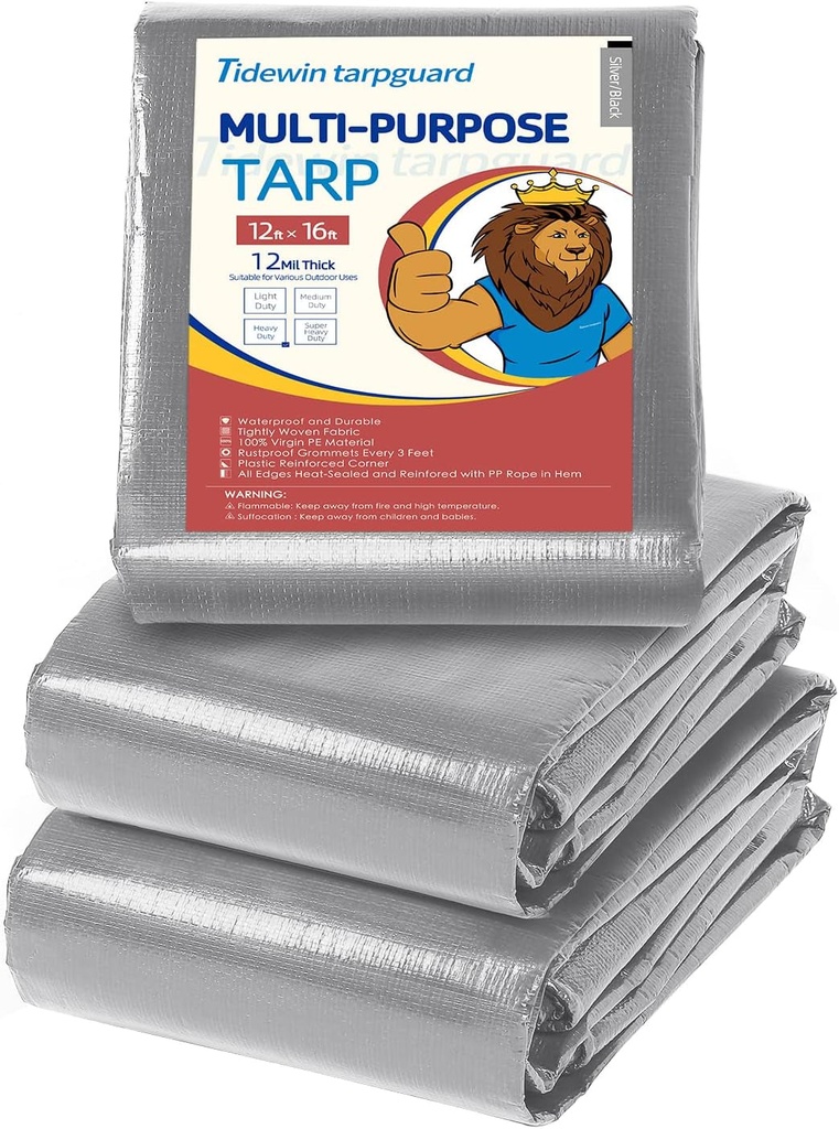 Tarps Heavy Duty Waterproof 12X16 - 12 Mil Silver/Black Large Tarp for Outdoor Rain Cover, Durable Poly Tarpaulin for Pool Cover and Camping Tent (Silver/Black,12X16 Feet)