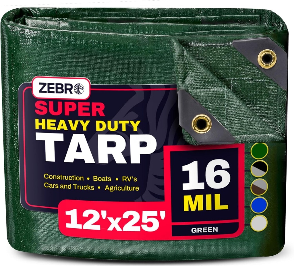 12' X 25' Green Heavy Duty Tarp with Grommets Reinforced - 16 Mil Thick - Double Sided Plastic Tarps Waterproof - Large Tarpaulin Cover for Outdoor Camping Over/Under Tent Tarp RV Roof Rain - Zebro