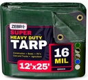 12' X 25' Green Heavy Duty Tarp with Grommets Reinforced - 16 Mil Thick - Double Sided Plastic Tarps Waterproof - Large Tarpaulin Cover for Outdoor Camping Over/Under Tent Tarp RV Roof Rain - Zebro