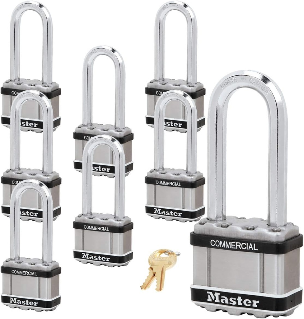 Master Lock Magnum Padlock - 2" W X 2-1/2"L Shackle, Eight (8) Keyed Alike Locks M5NKALJSTS-8 W/Bumpstop Technology