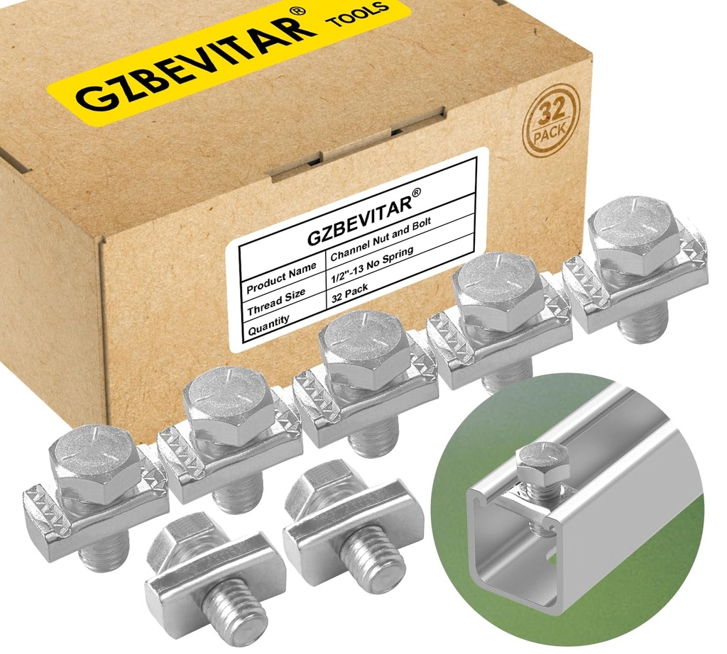 Strut Channel Nut and Bolt - 1/2" X 15/16" for 1-5/8" Strut Channel. Strut Nut 1/2"-13 with Thickened Galvanized Plating (32 Pack)