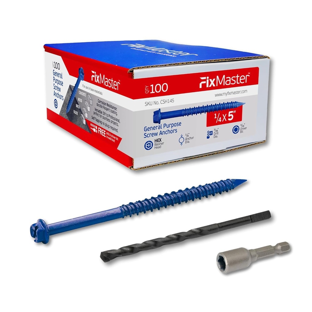 1/5 X 5" Hex Head Blue Concrete Screw Anchors (100 Pcs Screw Kit) with One Screwdriver and Drill Bit for Concrete, Masonry, Block, Brick and Wood Fastening