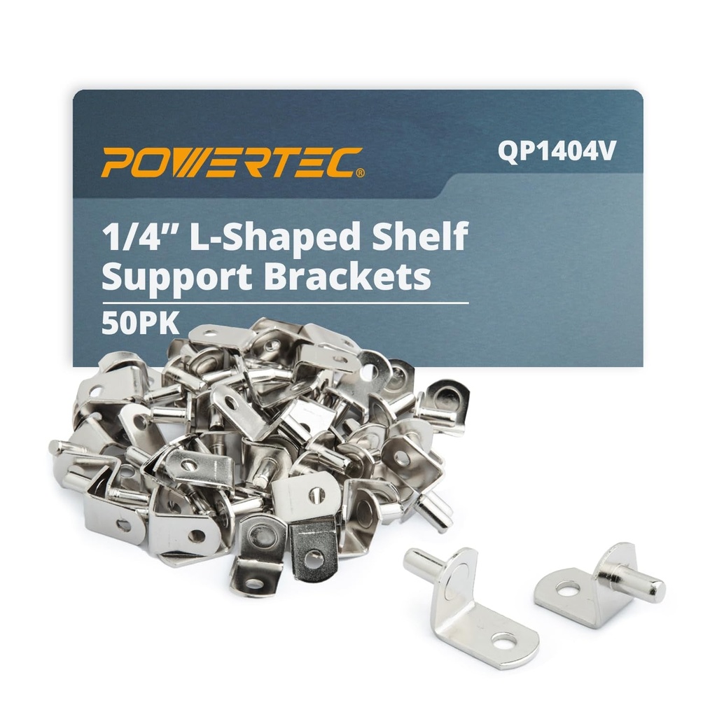 POWERTEC QP1404V 1/4 Inch Shelf Pegs 50Pk, L-Shaped Bracket with Hole Shelf Pins Support Pegs for Shelves, Kitchen Cabinet Shelf, Bookshelf, Closet and Furniture, Nickel Plated Shelf Holders Pegs