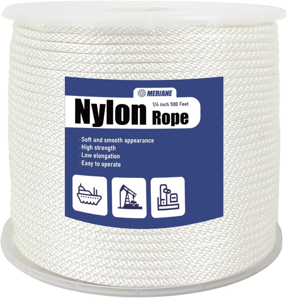 Nylon Rope 500 Ft 1/4 Inch – Multipurpose Tightly Braided Rope – Abrasion & UV Resistant – Ideal Use for Camping, Clothesline, Marine Rope Flag Line - Solid Utility Rope for Indoor Outdoor