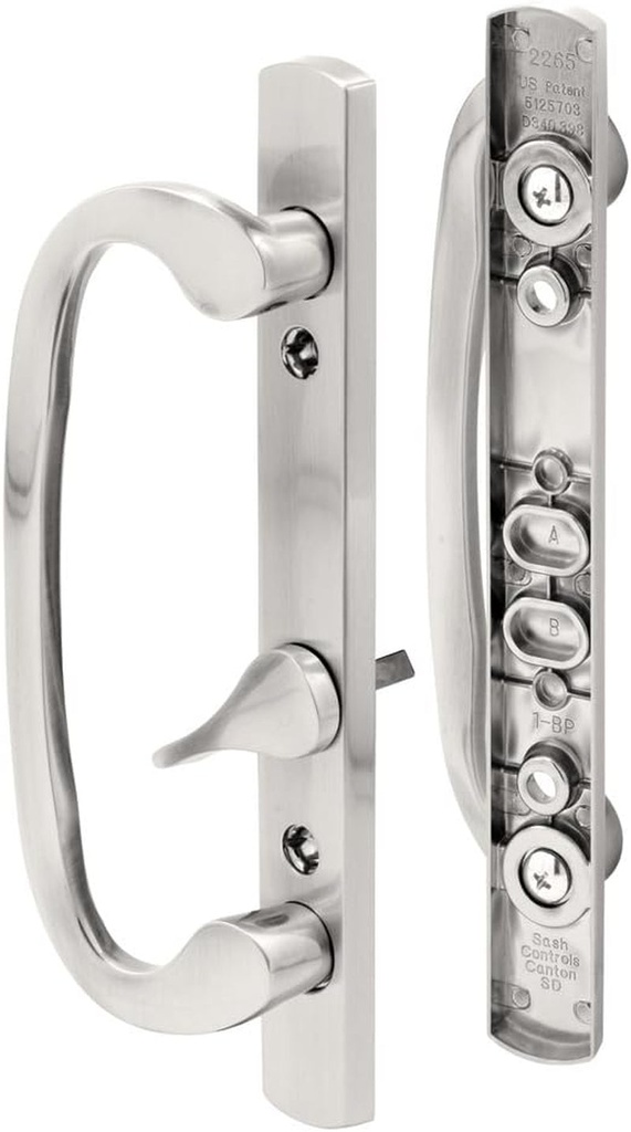 Prime-Line C 1282 Mortise Style Sliding Patio Door Handle Set - Replace Old or Damaged Door Handles Quickly and Easily – Satin Nickel, Non-Keyed, Fits 3-15/16” Hole Spacing (1 Set)
