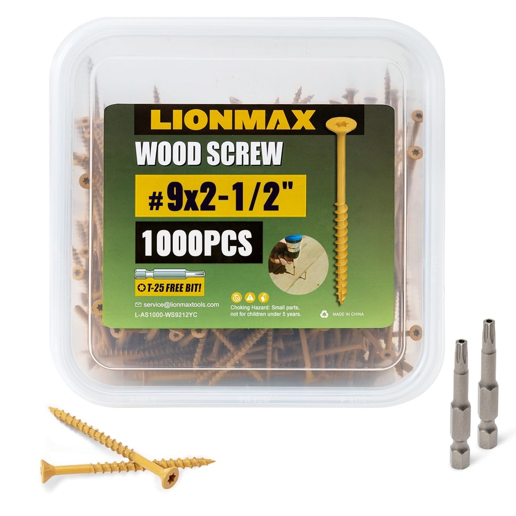 LIONMAX Deck Screws 2-1/2 Inch, Wood Screws #9 X 2-1/2", 1000 PCS, Rust Resistant, Exterior Epoxy Coated, Outdoor Decking Screws, Torx/Star Drive Head Deck Screw, T25 Star Bit Included, Tan
