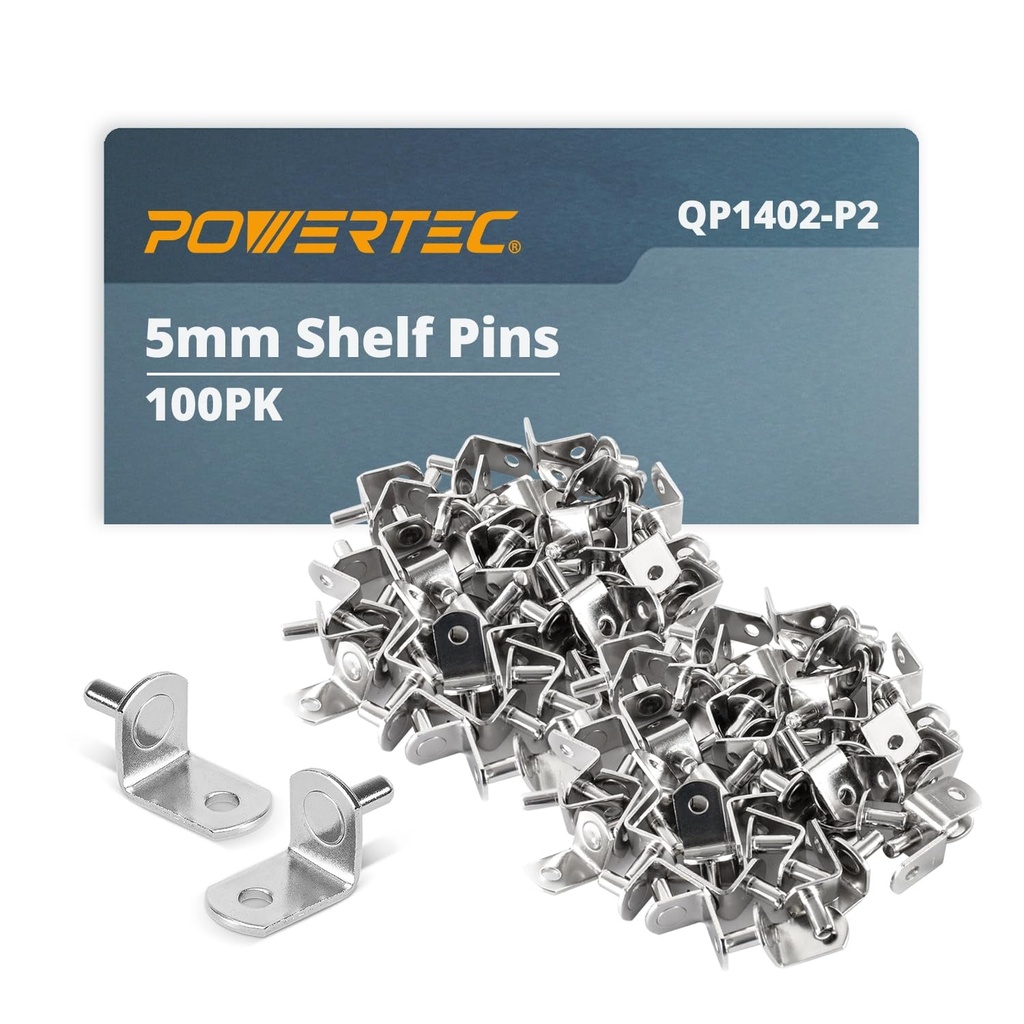 POWERTEC QP1402-P2V 5Mm Shelf Pegs 100 Pcs, L-Shaped Bracket with Hole Shelf Pins Support Pegs for Shelves, Kitchen Cabinet Shelf, Bookshelf, Closet and Furniture, Nickel Plated Shelf Holders Pegs