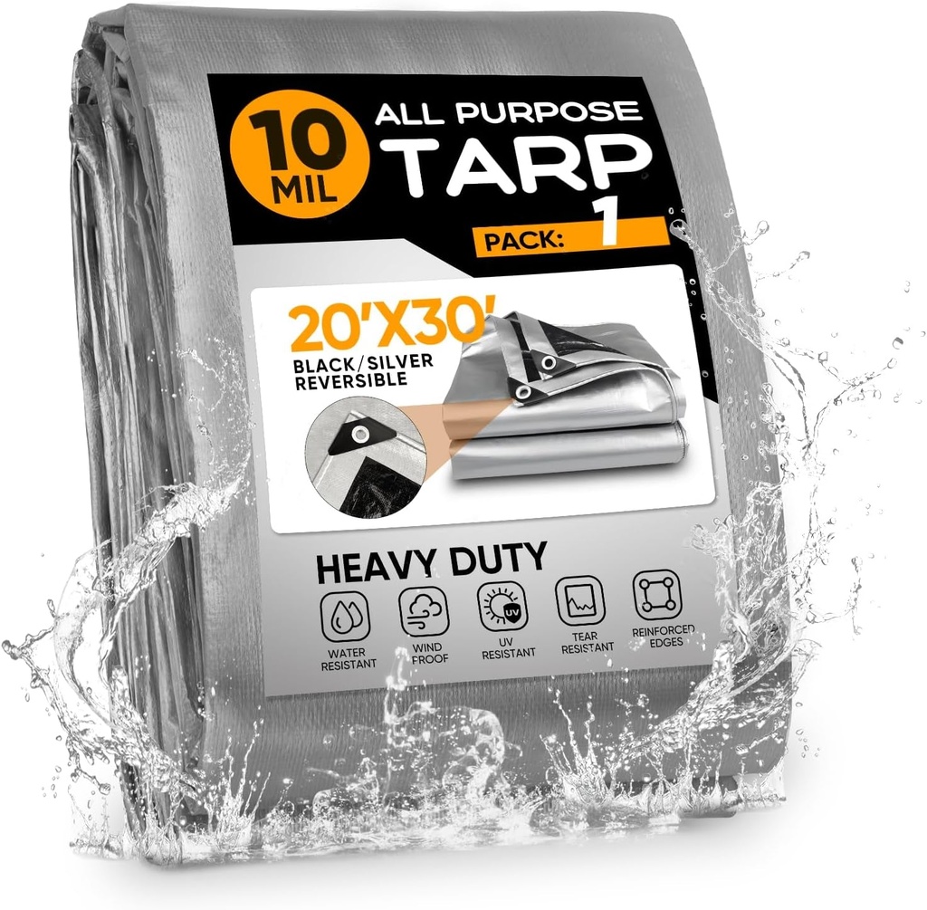 Tarp 20X30Ft,10Mil 150GSM Black/Silver Heavy Duty Waterproof Tarp with Grommets and Reinforced Edges, All Purpose Finished Size Poly Tarps Cover for Firewood Roof Pool Boat