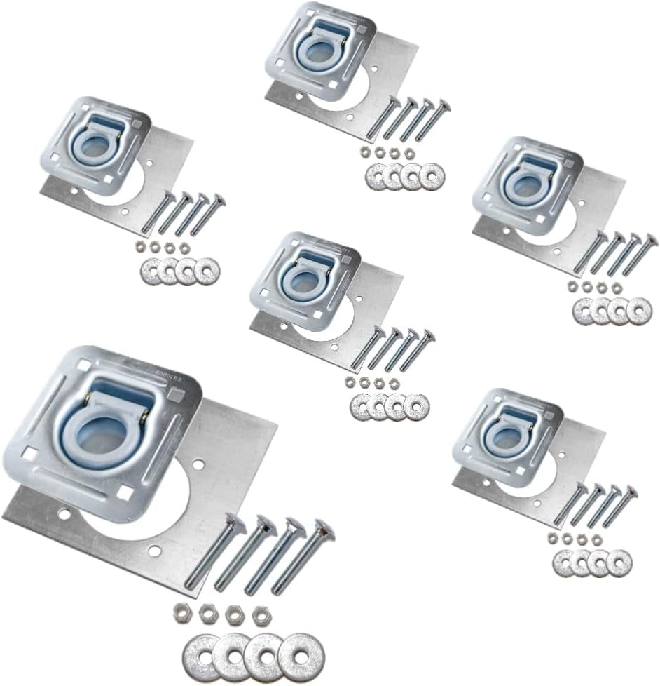 6-Pack - Recessed Pan D-Ring Trailer Tie Downs (6,000 Lb. Capacity) and Heavy Backer Plates, Including Mounting Hardware (Complete Set: 24 Carriage Bolts, Washers and Nylon Lock Nuts)