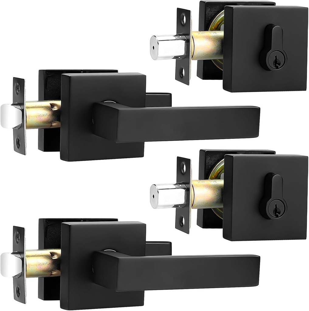 Probrico Exterior Black Door Handle with Double Cylinder Deadbolt Lock Set, Square Door Passage Lever Set with 6 Keys, Reversible for Left and Right Handed Door,All Keyed Alike for 2 Pack