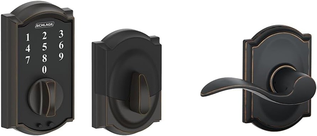 SCHLAGE BE375 CAM 716 Camelot Touch Deadbolt, Aged Bronze and Schlage F10 Acc 716 CAM Accent Door Lever with Camelot Trim, Hall & Closet Passage Lock, Aged Bronze